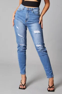 Rebellious Fashion Mid Blue Distressed Straight Jeans - Atria