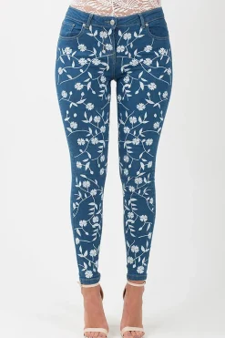 Rebellious Fashion Mid Blue Embroidered Denim Jeans - Franki