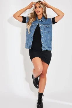 Rebellious Fashion Mid Blue Frayed Hem Longline Denim Gilet - Cataliya