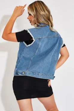Rebellious Fashion Mid Blue Frayed Hem Longline Denim Gilet - Cataliya