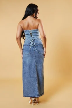 Rebellious Fashion Mid Blue Front Slit Denim Maxi Skirt - Asami