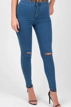 Rebellious Fashion Mid Blue High Waisted Ripped Knee Skinny Jeans - Amara