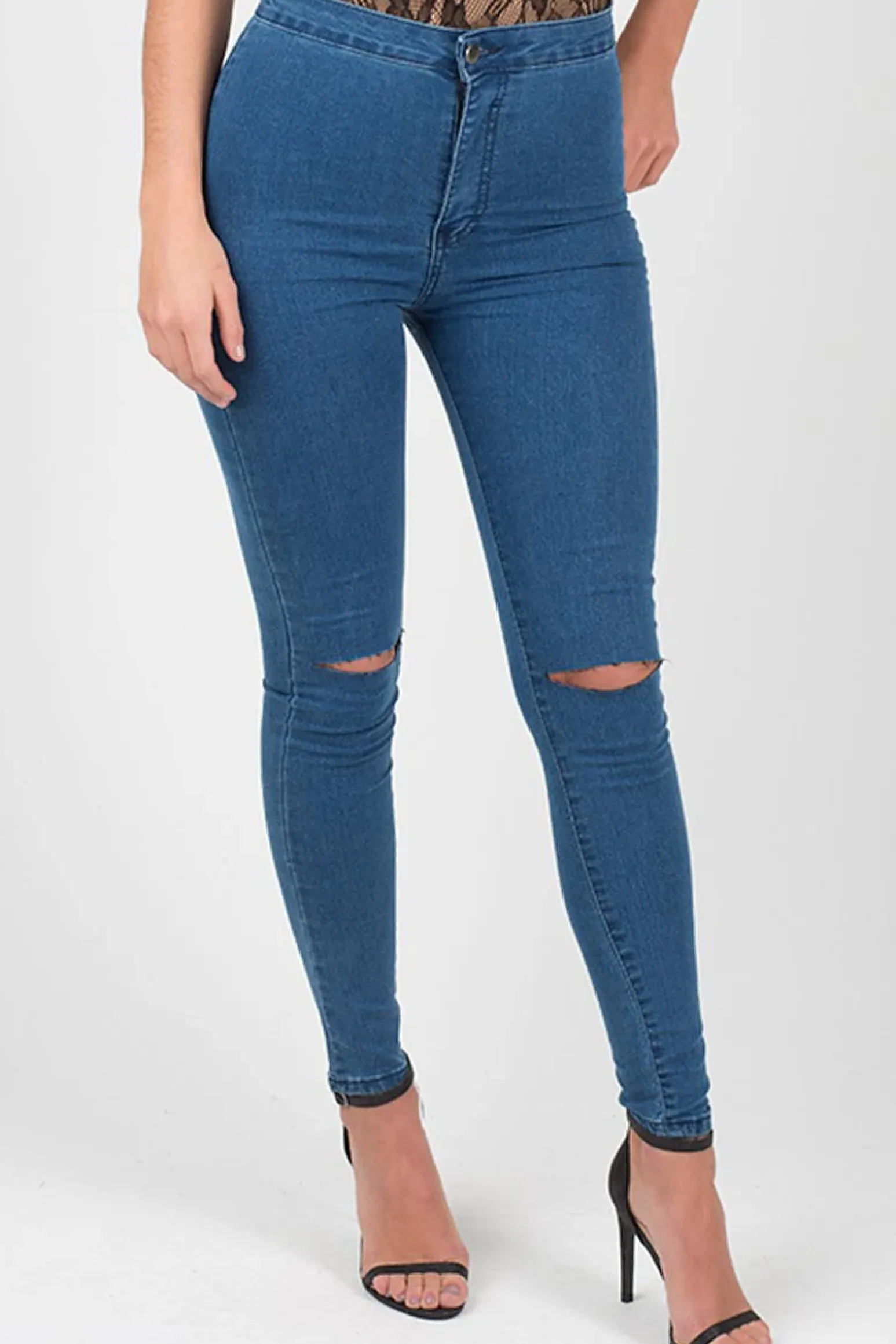 Rebellious Fashion Mid Blue High Waisted Ripped Knee Skinny Jeans - Amara
