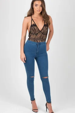 Rebellious Fashion Mid Blue High Waisted Ripped Knee Skinny Jeans - Amara