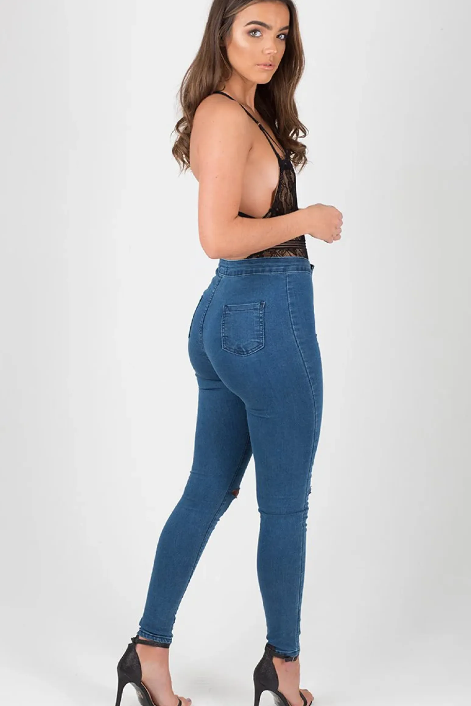Rebellious Fashion Mid Blue High Waisted Ripped Knee Skinny Jeans - Amara