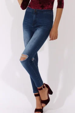 Rebellious Fashion Mid Blue High Waisted Ripped Knee Jeans - Pandora