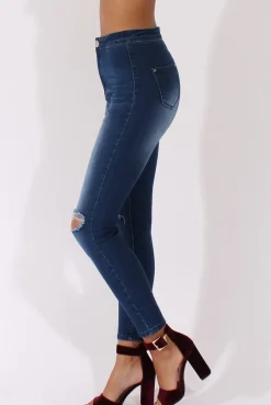 Rebellious Fashion Mid Blue High Waisted Ripped Knee Jeans - Pandora