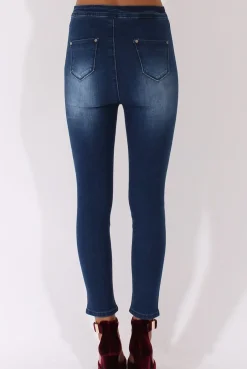 Rebellious Fashion Mid Blue High Waisted Ripped Knee Jeans - Pandora
