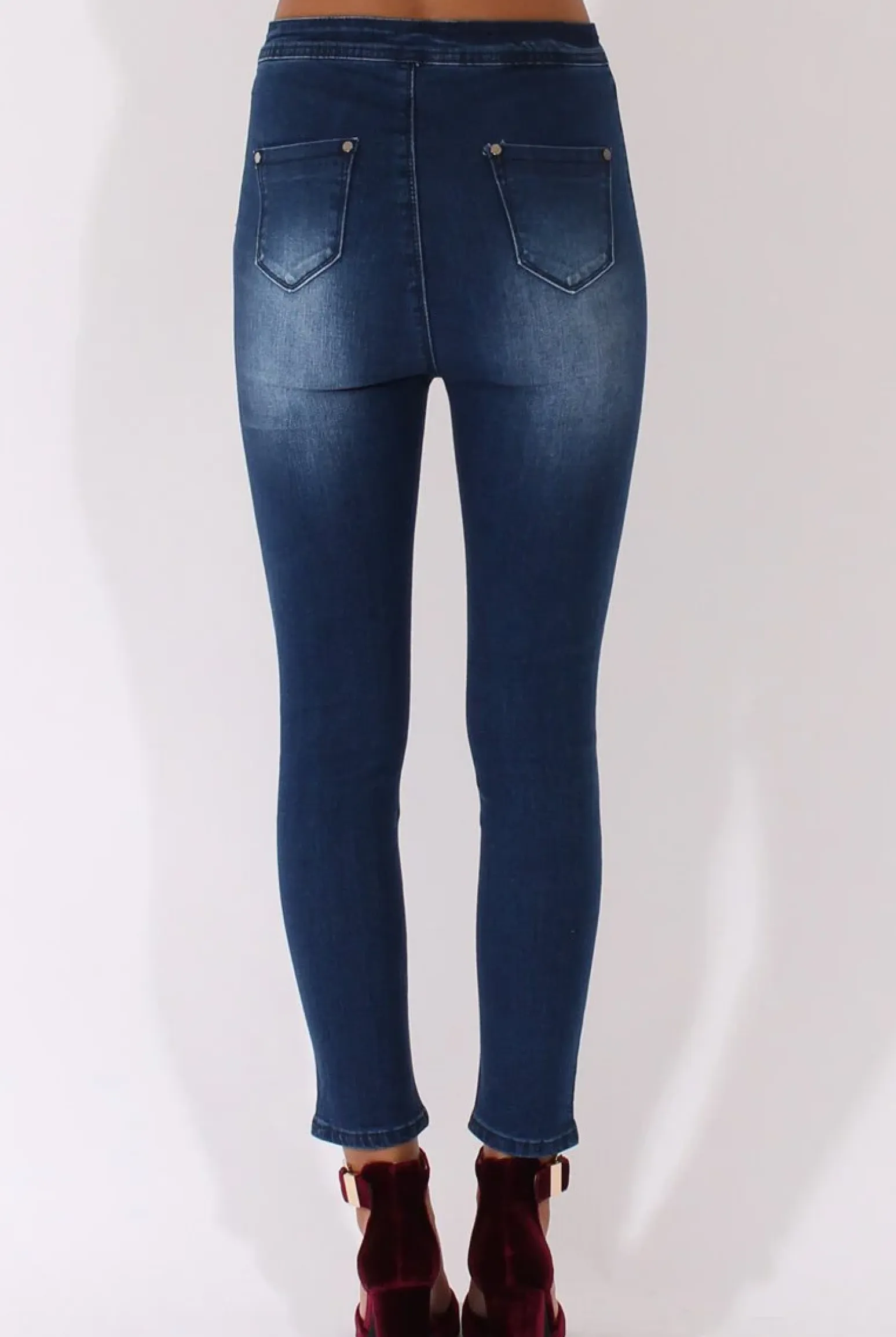 Rebellious Fashion Mid Blue High Waisted Ripped Knee Jeans - Pandora