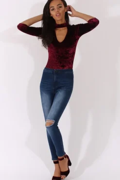 Rebellious Fashion Mid Blue High Waisted Ripped Knee Jeans - Pandora