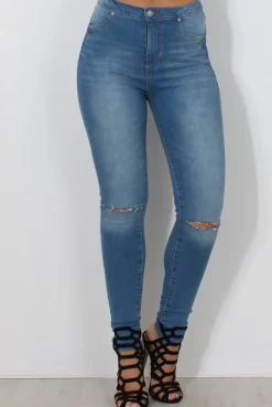 Rebellious Fashion Mid Blue High Waisted Super Skinny Jeans -Olivia