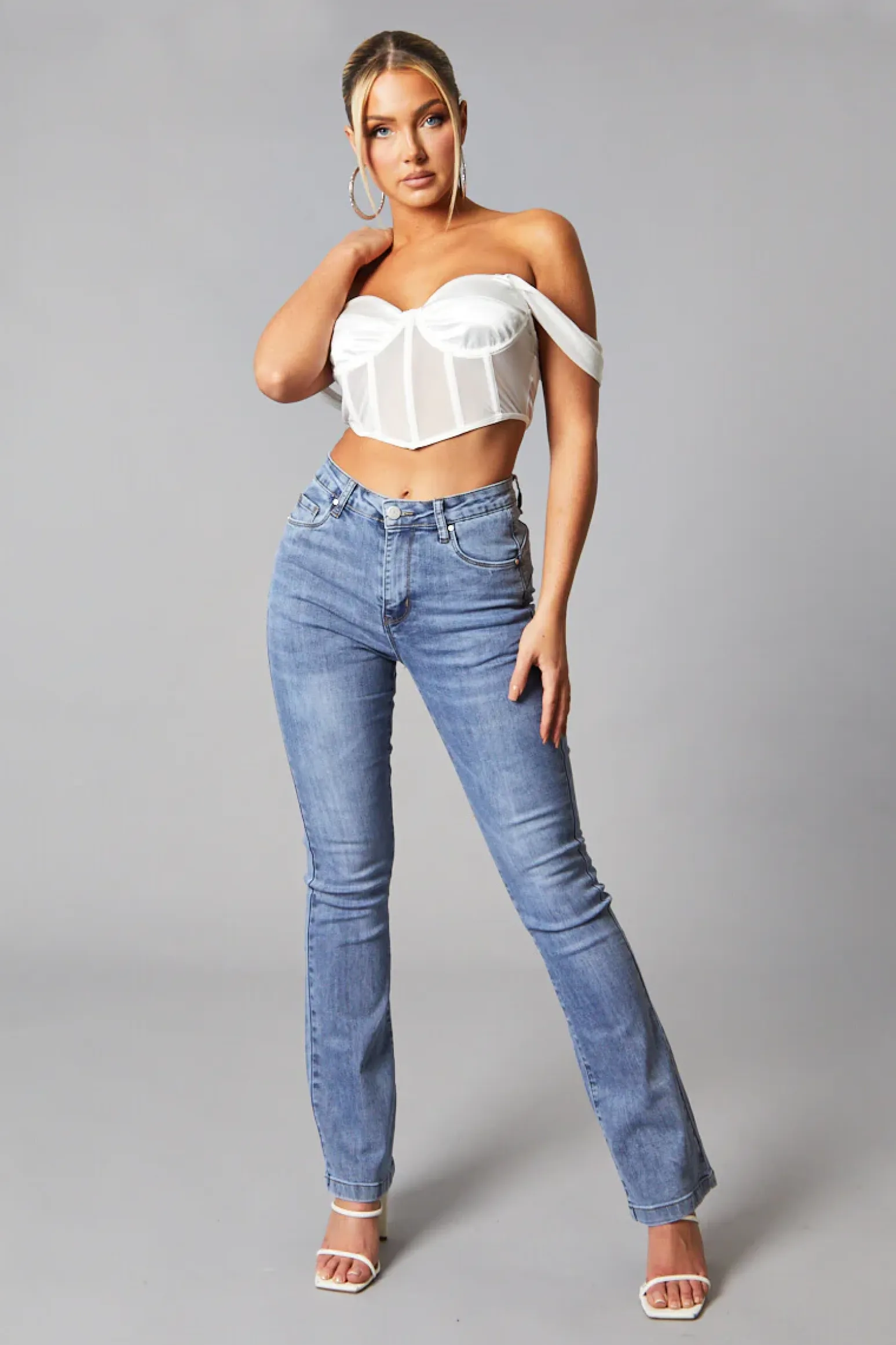 Rebellious Fashion Mid Blue High Waist Flared Leg Jeans - Snow