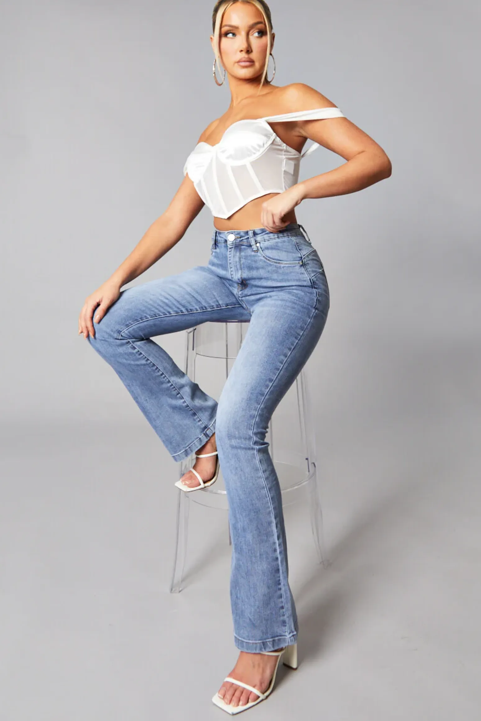 Rebellious Fashion Mid Blue High Waist Flared Leg Jeans - Snow