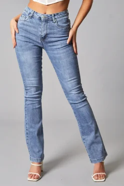 Rebellious Fashion Mid Blue High Waist Flared Leg Jeans - Snow