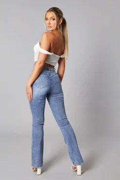 Rebellious Fashion Mid Blue High Waist Flared Leg Jeans - Snow