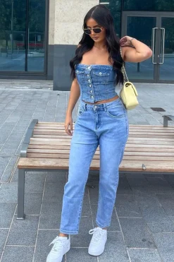 Rebellious Fashion Mid Blue High Waist Mom Jeans - Alma