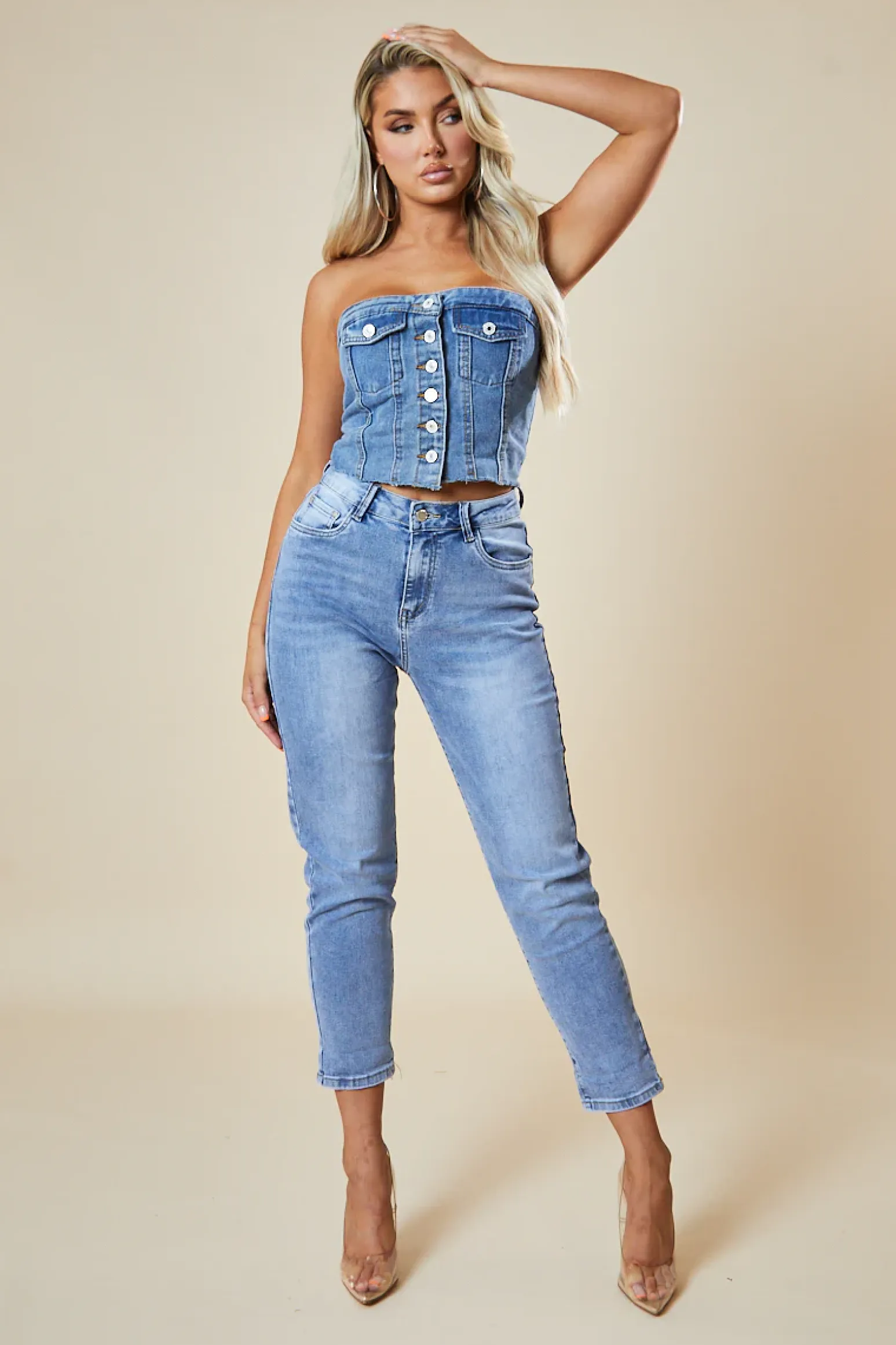 Rebellious Fashion Mid Blue High Waist Mom Jeans - Alma