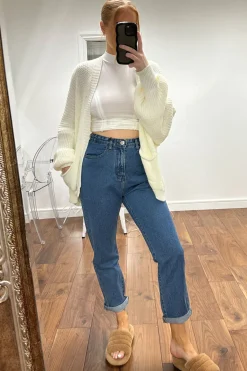 Rebellious Fashion Mid Blue High Waist Turn Up Hem Wide Leg Jeans - Bianka