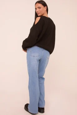 Rebellious Fashion Mid Blue Mid Waist Straight Leg Denim Jeans - Maureena