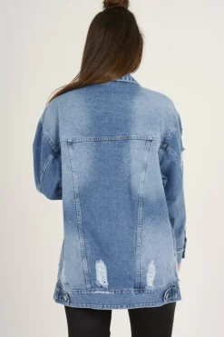 Rebellious Fashion Mid Blue Oversized Badge Detail Denim Jacket - Leila
