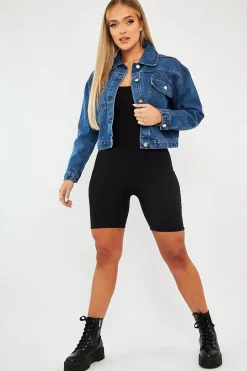 Rebellious Fashion Mid Blue Pocket Cropped Denim Jacket - Cerise
