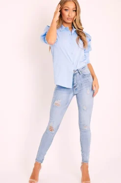Rebellious Fashion Mid Blue Slight Distressed Skinny Jeans - Fina