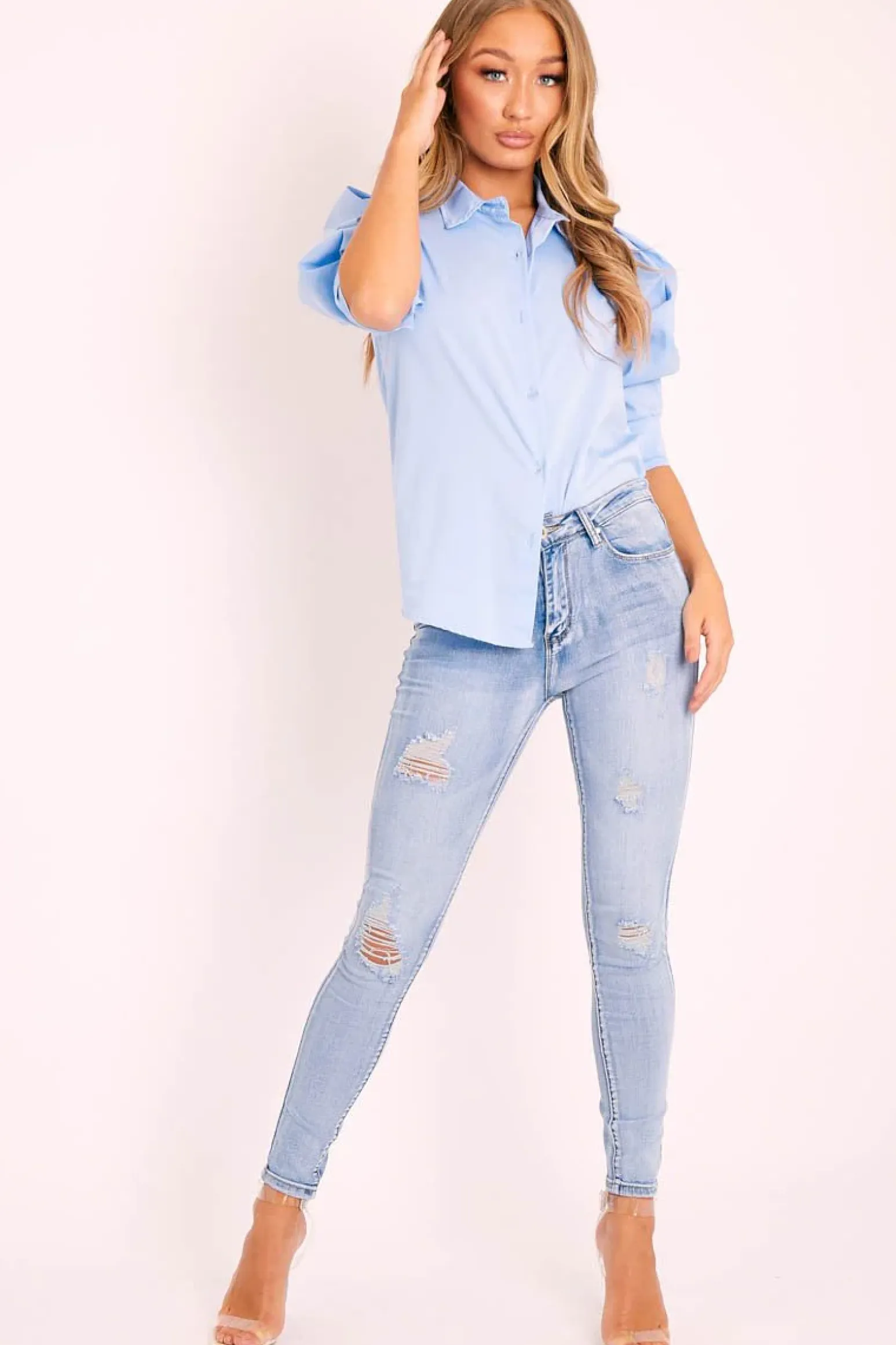 Rebellious Fashion Mid Blue Slight Distressed Skinny Jeans - Fina