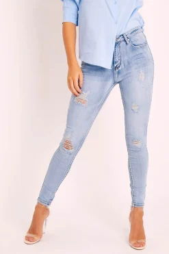Rebellious Fashion Mid Blue Slight Distressed Skinny Jeans - Fina