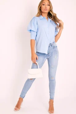 Rebellious Fashion Mid Blue Slight Distressed Skinny Jeans - Fina