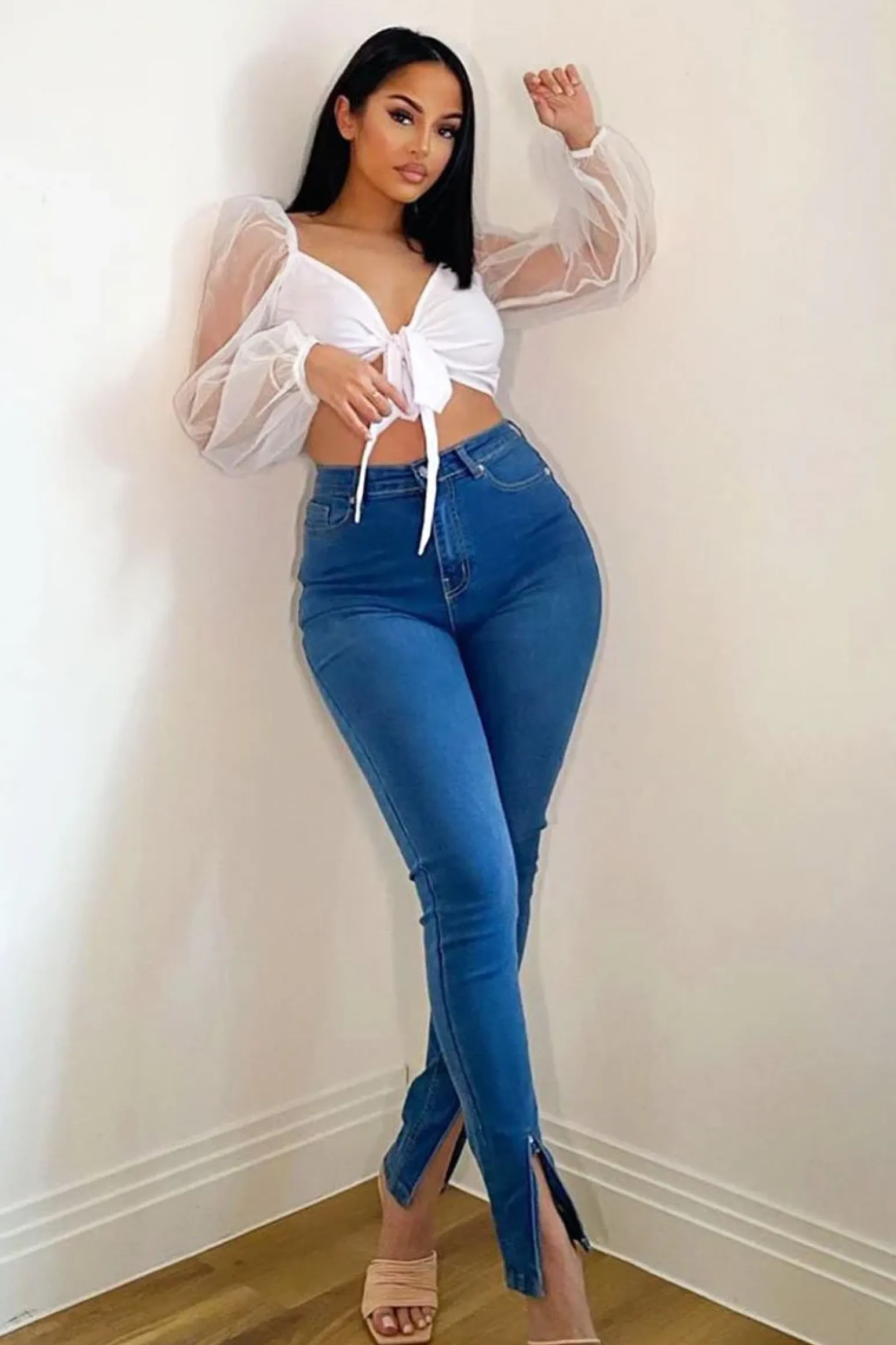 Rebellious Fashion Mid Blue Split Front Skinny Jeans - Martha