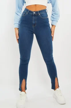 Rebellious Fashion Mid Blue Split Front Skinny Jeans - Martha