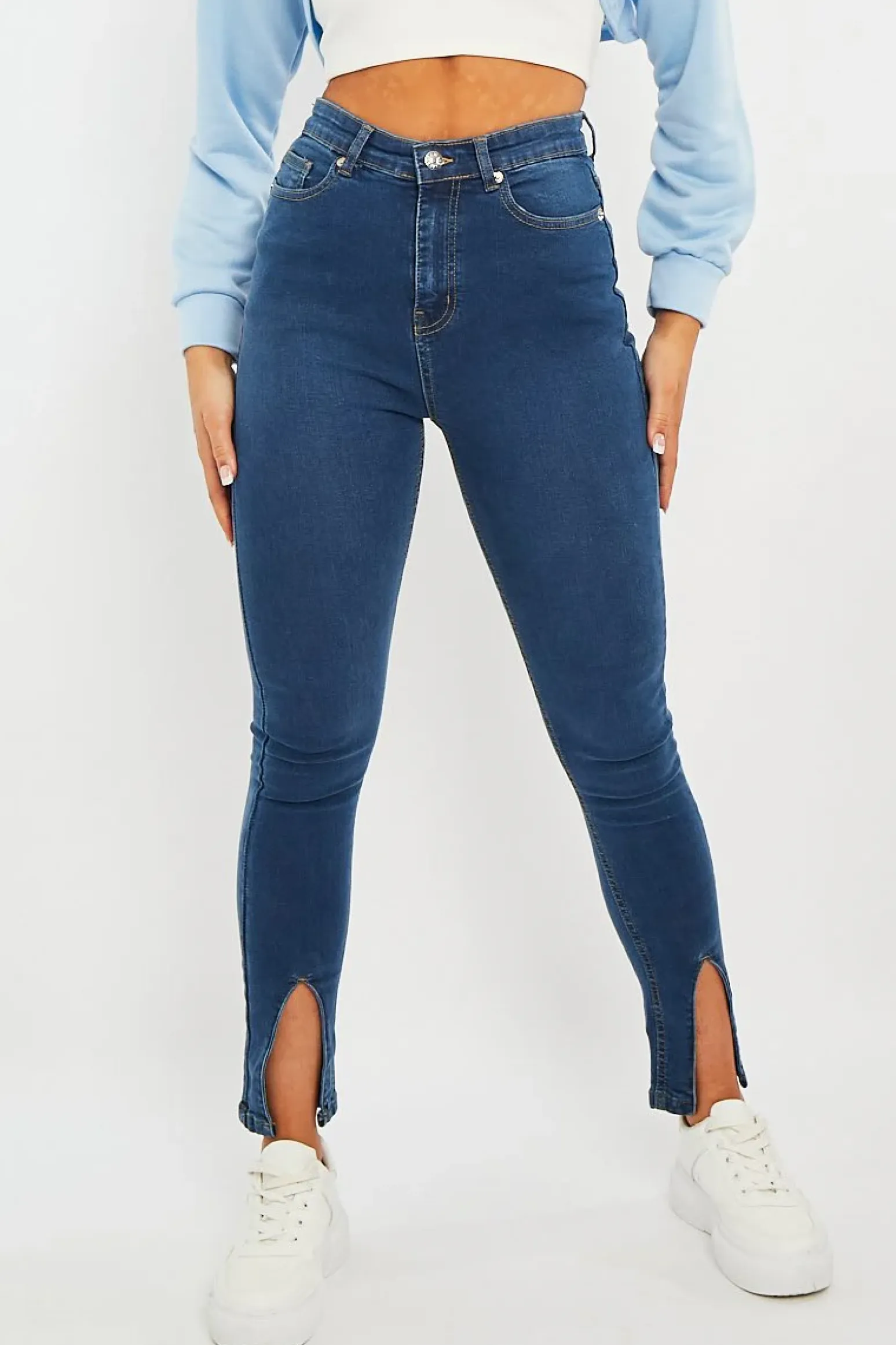 Rebellious Fashion Mid Blue Split Front Skinny Jeans - Martha