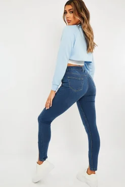 Rebellious Fashion Mid Blue Split Front Skinny Jeans - Martha