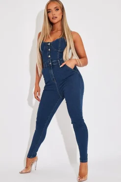 Rebellious Fashion Mid Blue Strappy Button Front Denim Jumpsuit - Roma