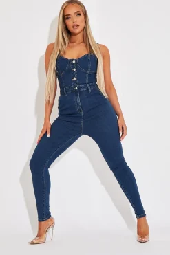 Rebellious Fashion Mid Blue Strappy Button Front Denim Jumpsuit - Roma