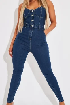 Rebellious Fashion Mid Blue Strappy Button Front Denim Jumpsuit - Roma