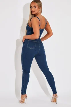 Rebellious Fashion Mid Blue Strappy Button Front Denim Jumpsuit - Roma