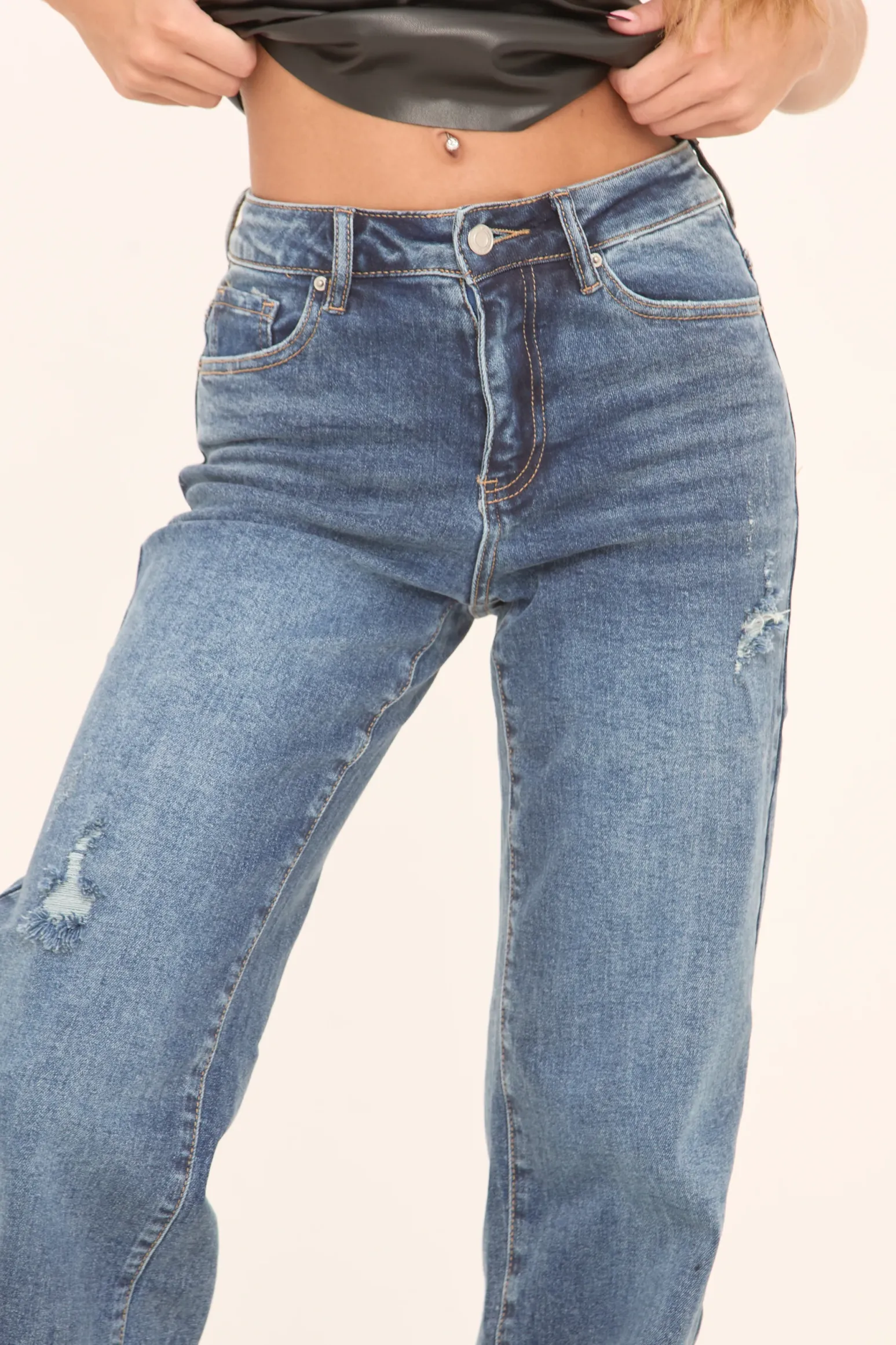 Rebellious Fashion Mid Blue Stretch Distressed Straight Leg Denim Jeans - Zia