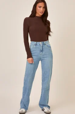 Rebellious Fashion Mid Blue Stretch Frayed Hem Jeans - Scarlett