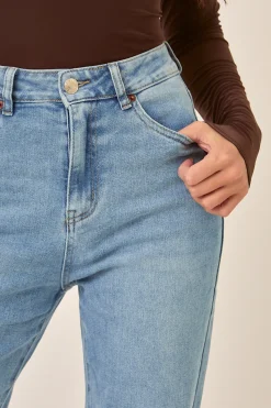 Rebellious Fashion Mid Blue Stretch Frayed Hem Jeans - Scarlett