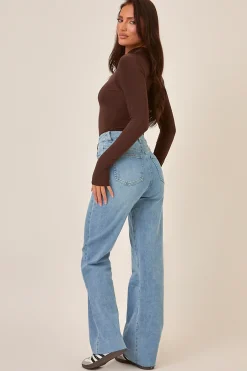 Rebellious Fashion Mid Blue Stretch Frayed Hem Jeans - Scarlett