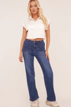 Rebellious Fashion Mid Blue Stretch Front Pockets Straight Leg Jeans - Analynn