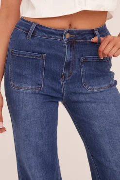 Rebellious Fashion Mid Blue Stretch Front Pockets Straight Leg Jeans - Analynn