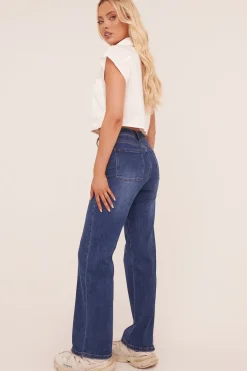Rebellious Fashion Mid Blue Stretch Front Pockets Straight Leg Jeans - Analynn