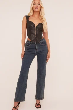 Rebellious Fashion Mid Blue Stretch Hight Waist Straight Leg Jeans - Neona