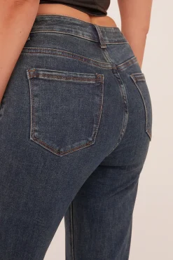 Rebellious Fashion Mid Blue Stretch Hight Waist Straight Leg Jeans - Neona