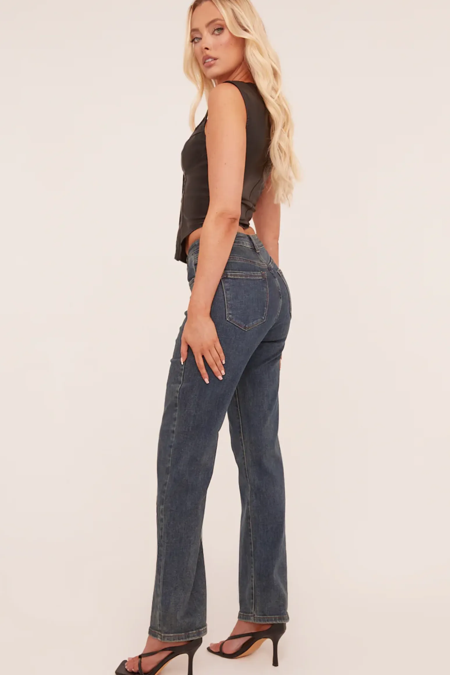 Rebellious Fashion Mid Blue Stretch Hight Waist Straight Leg Jeans - Neona
