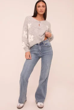 Rebellious Fashion Mid Blue Stretch High Waist Flared Leg Denim Jeans - Lux