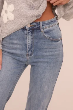 Rebellious Fashion Mid Blue Stretch High Waist Flared Leg Denim Jeans - Lux