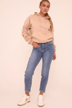Rebellious Fashion Mid Blue Stretch High Waist Turn Up Hem Mom Jeans - Corra